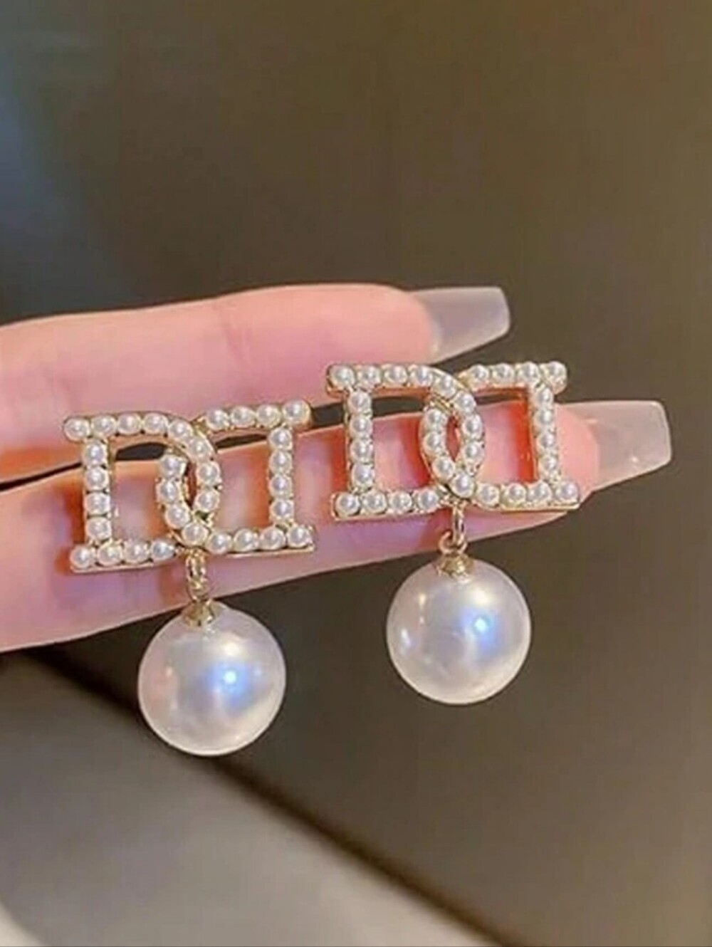 Gold Pearl Drop Logo Earrings - White Pearls
